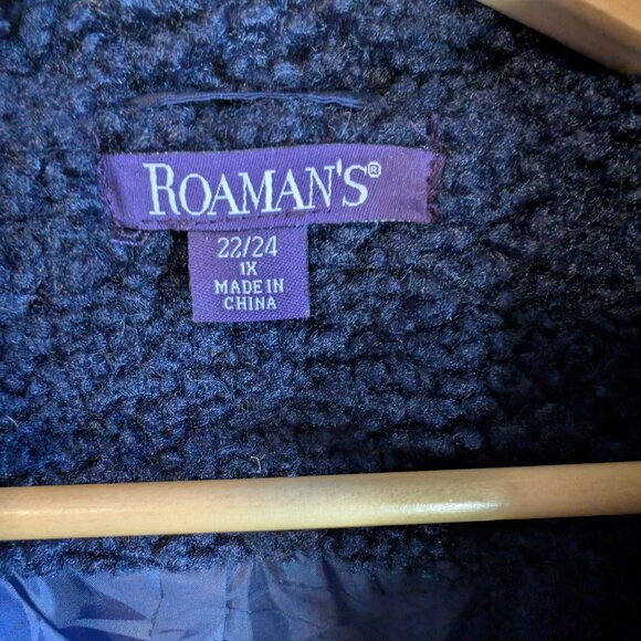 Roaman’s Plus Size Navy Sherpa Fleece Double-Breasted Coat | 1X - Picture 4 of 14